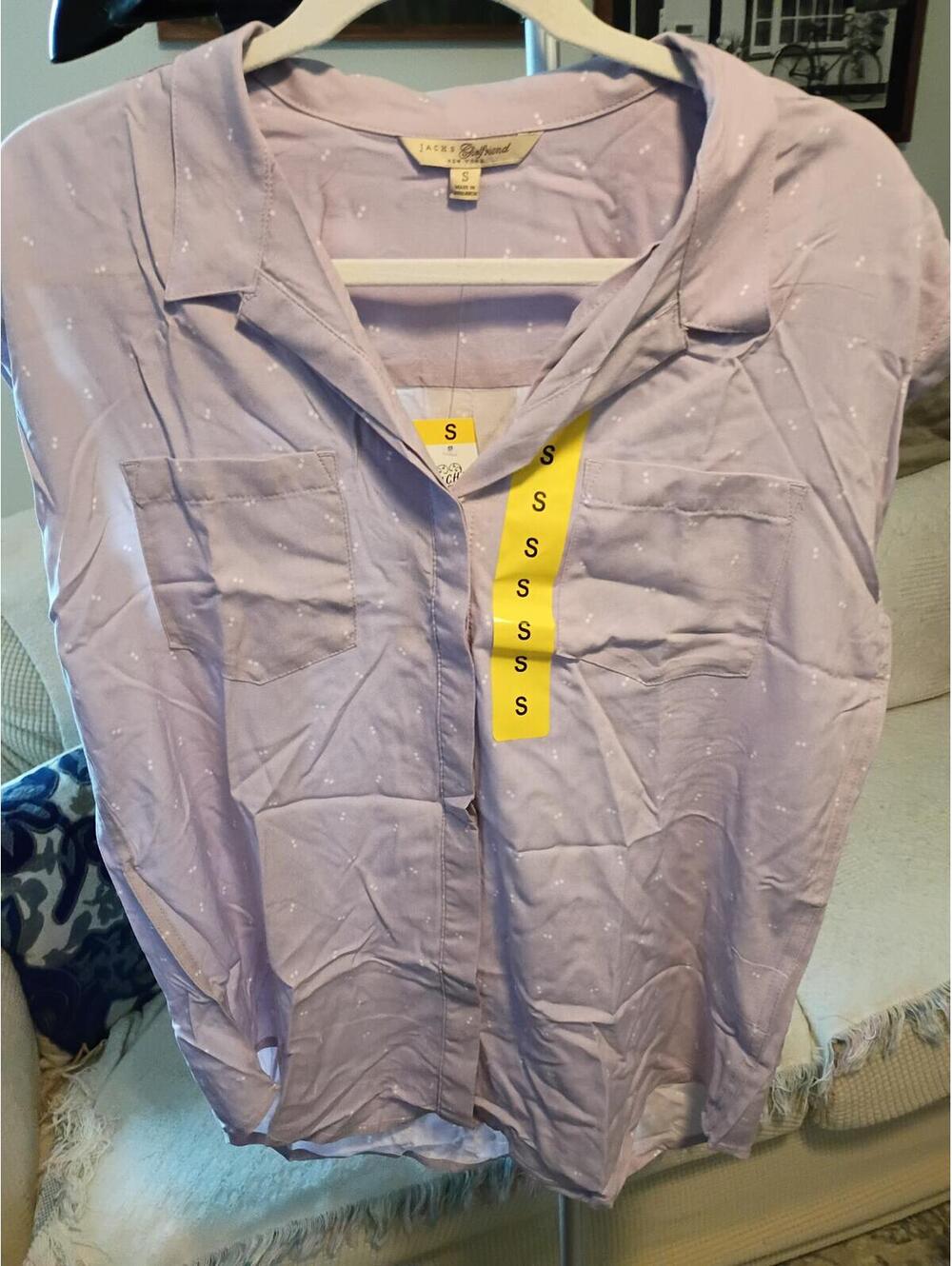Jacks Girlfriend New York Lilac Button Front Short Sleeve Collared Blouse Size S